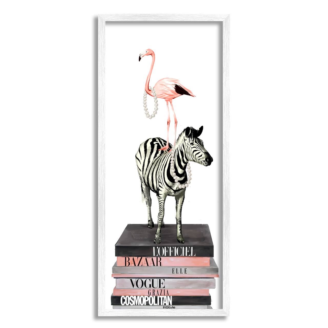 Stupell Industries Fashion Flamingo Zebra Glam Book Stack Pearls Framed Wall Art